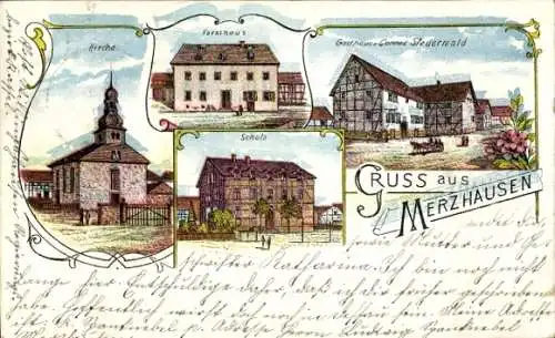 Litho Merzhausen im Breisgau, Gruß aus  Gasthaus zum Steuerwald, Kirche, Forsthaus, Schule