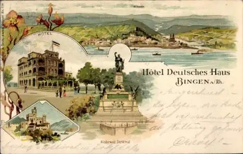 Litho Bingen am Rhein, Hotel Deutsches Haus, Niederwald Denkmal, Schloss