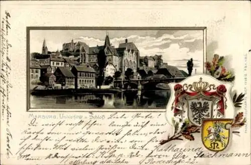 Präge Wappen Litho Marburg an der Lahn, Universität und Schloss, Glückwunsch Neujahr