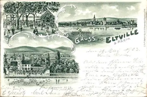 Litho Eltville am Rhein Hessen, Hotel Burg Crass, Gruß aus Eltville a/Rhein