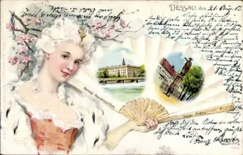 Litho Dessau in Sachsen Anhalt, Dame mit Fächer, Residenzschloss, Vater Franz Denkmal