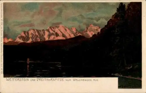 Künstler Litho Diemer,Urfeld am Walchensee Kochel am See, Kolorierte Ansichtskarte des Wettersteins