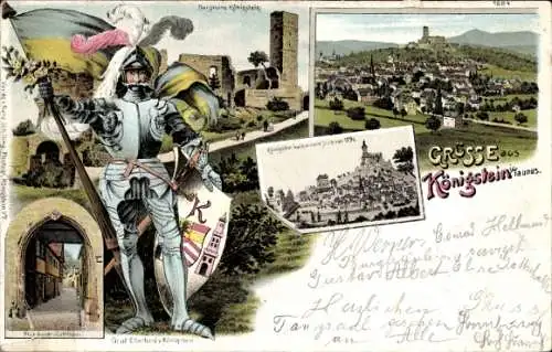 Litho Königstein im Taunus, Burgruine, Totalansicht, Graf Eberhard von Königstein