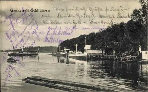 Ak Berlin Wilmersdorf Grunewald Schildhorn, Partie am Wasser, Dampfer