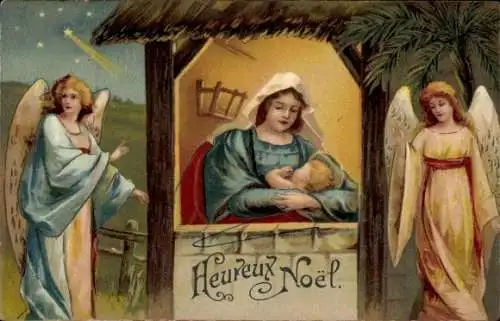 Litho Glückwunsch Weihnachten, Maria mit Jesus, Engel