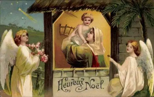 Ak Frohe Weihnachten, Maria mit Jesuskind und zwei Engeln