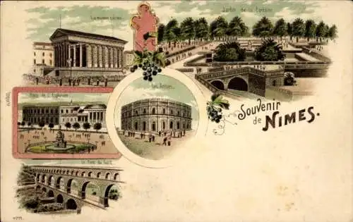 Litho Nîmes Gard, Garten mit Springbrunnen, Arena, Viadukt