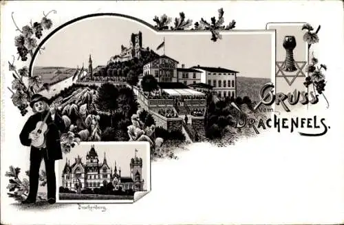 Litho Königswinter am Rhein, Drachenburg, Panorama, Weinglas, Weinreben, Gitarrist