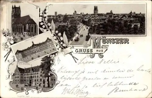 Litho Münster in Westfalen, Stadtbild, Liebfrauenkirche, Schloss, Regierung