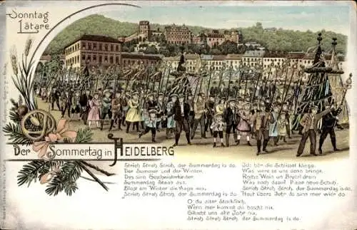 Gedicht Litho Heidelberg am Neckar, Der Sommertag in Heidelberg, Festumzug, Stadtansicht