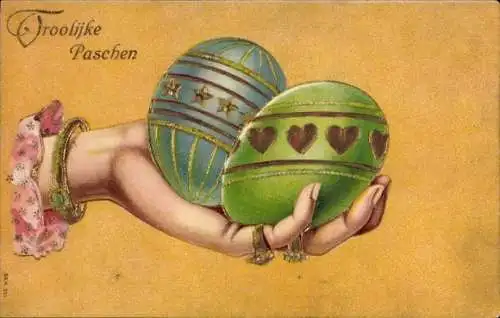 Präge Ak Glückwunsch Ostern, Ostereier, Weibliche Hand