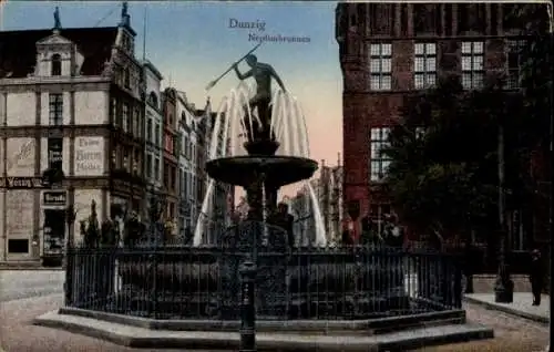 Ak Gdańsk Danzig, Neptunbrunnen, Herrenmoden Geschäft