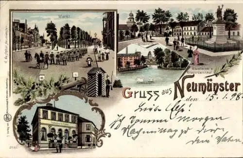 Litho Neumünster in Holstein, Markt, Mühlenteich, Kleinflecken Kriegerdenkmal, Bahnhof-Hotel