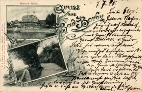 Litho Ostseebad Borby Eckernförde, Strand Hotel, Letzte Pappel