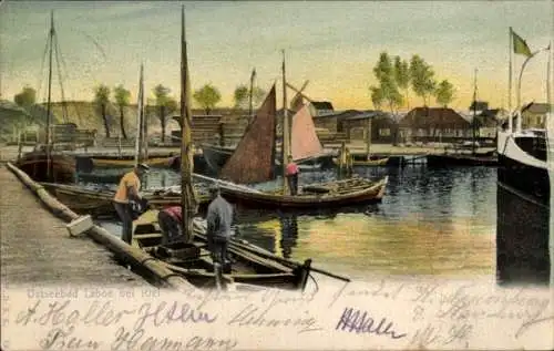 Ak Ostseebad Laboe, Hafen, Männer in Booten