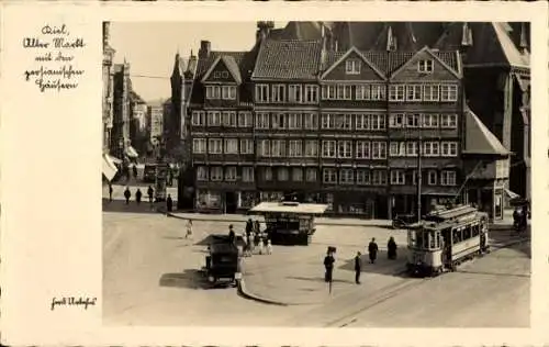 Ak Kiel, Alter Markt, persianische Häuser, Eckardt Samenhandlung, Straßenbahn