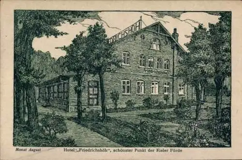 Künstler Ak Heikendorf an der Kieler Förde, Hotel Friedrichshöh, Monat August