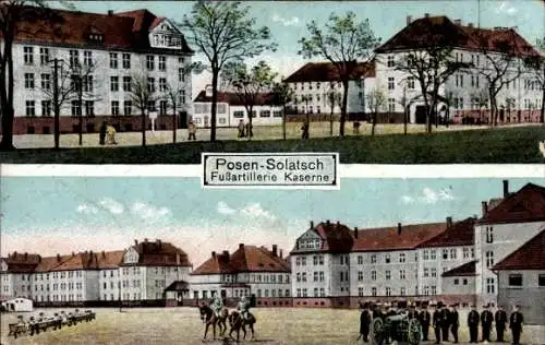 Ak Sołacz Solatsch Poznań Posen, Fußartillerie-Kaserne, Kasernenhof, Soldaten am Geschütz