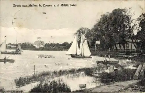 Ak Mellen Mellensee in Brandenburg, a. d. Militärbahn, Ufer, Segelboot