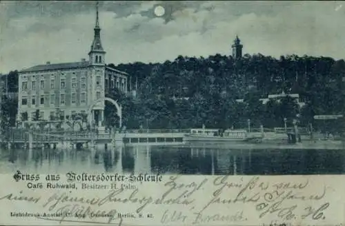 Mondschein Ak Woltersdorf bei Berlin, Woltersdorfer Schleuse, Café Ruhwald