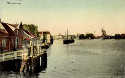 Ak Wormerveer Nordholland Niederlande, Kinder am Steg, Windmühle