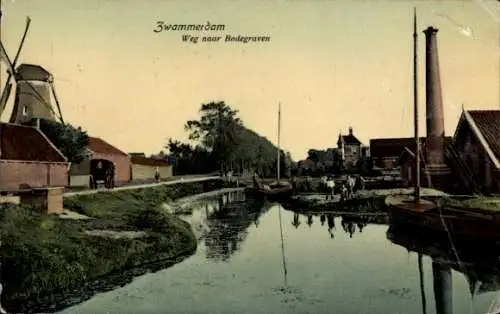 Ak Zwammerdam Zuid-Holland, Weg naar Bodegraven, Molen