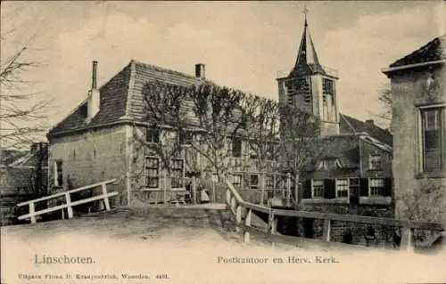 Ak Linschoten Utrecht Nederland, Postkantoor en Herv. Kerk