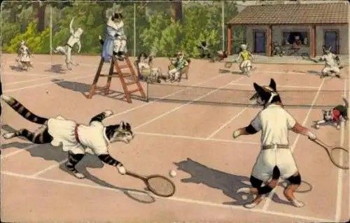 Ak Vermenschlichte Katzen spielen Tennis