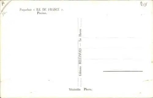 Ak Paquebot Ile de France, Piscine, Schwimmbad, Dampfschiff, CGT, French Line