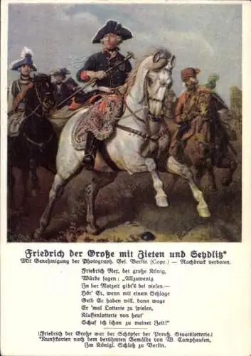 Künstler Ak Friedrich der Große mit Zieten und Seydlitz, Gedicht