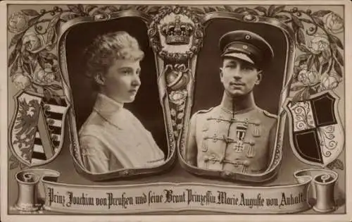 Ak Prinz Joachim von Preußen, Portrait, Uniform, Orden, Marie Auguste von Anhalt, Wappen