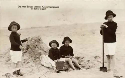 Ak Sopot Zoppot, Söhne des Kronprinzen Wilhelm von Preußen am Strand