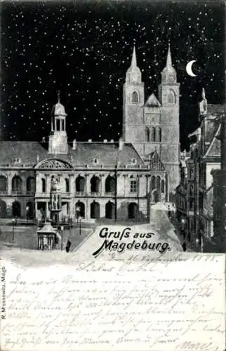 Ak Magdeburg, Alter Markt, Rathaus, Johanniskirche, Nacht