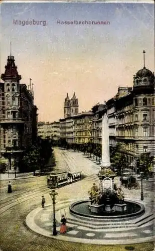 Ak Magdeburg an der Elbe, Hasselbachbrunnen, Straßenbahn