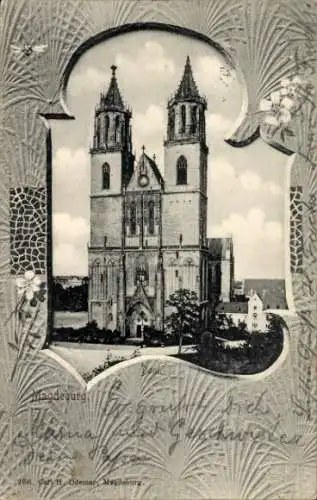 Passepartout Ak Magdeburg in Sachsen Anhalt, Blick auf den Dom, Fliege