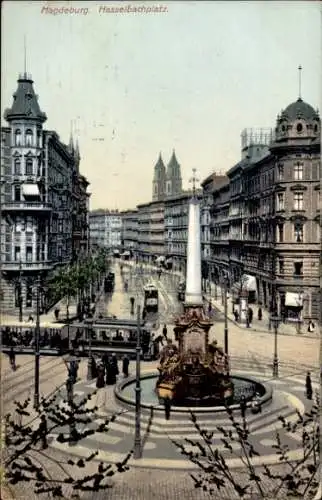 Ak Magdeburg, Blick auf den Hasselbachplatz, Denkmal, Brunnen, Tram