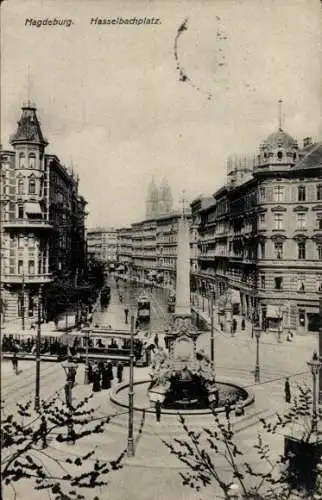 Ak Magdeburg an der Elbe, Hasselbachplatz, Säule, Straßenbahn