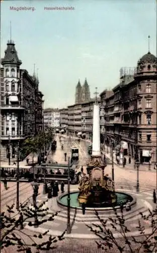 Ak Magdeburg, Blick auf den Hasselbachplatz, Denkmal, Brunnen, Tram