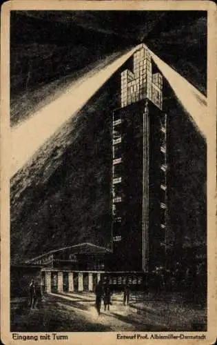 Ak Magdeburg, Deutsche Theater Ausstellung 1927, Eingang mit Turm, Nachtbeleuchtung