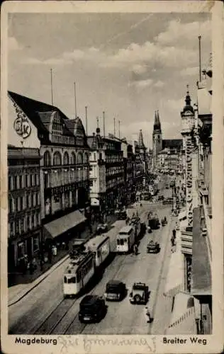 Ak Magdeburg an der Elbe, Breiter Weg, Straßenbahnen, Autos