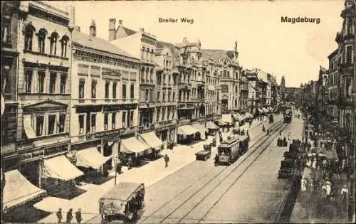 Ak Magdeburg an der Elbe, Breiter Weg, Geschäfte, Straßenbahnen