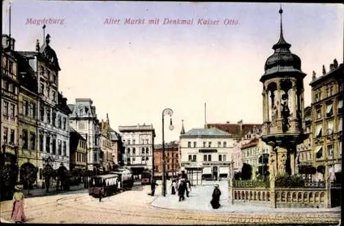 Ak Magdeburg, Alter Markt, Denkmal Kaiser Otto, Passanten