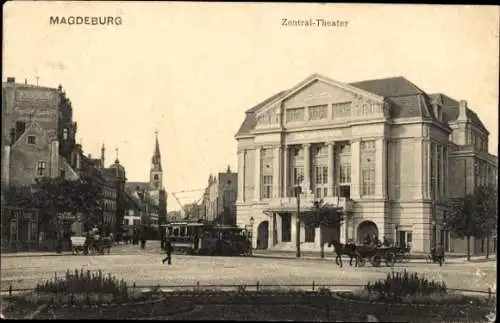 Ak Magdeburg in Sachsen Anhalt, Zentraltheater, Pferdekutsche, Straßenbahn