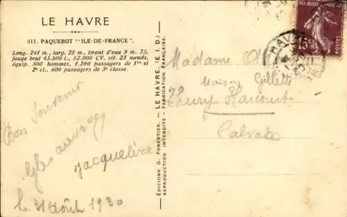 Ak Le Havre, Paquebot Ile de France, Dampfschiff, CGT, French Line