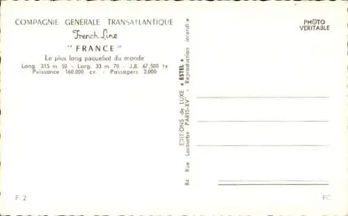 Ak Dampfer France, Compagnie Generale Transatlantique CGT, French Line
