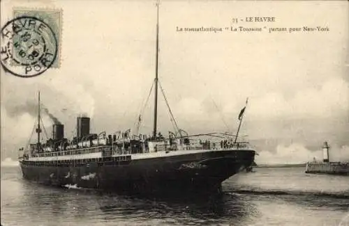 Ak Le Havre, Le transatlantique, La Touraine partant pour New York