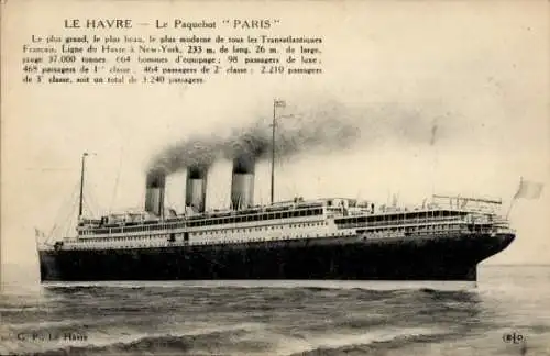 Ak Le Havre Seine Maritime, Le Paquebot Paris, Dampfschiff