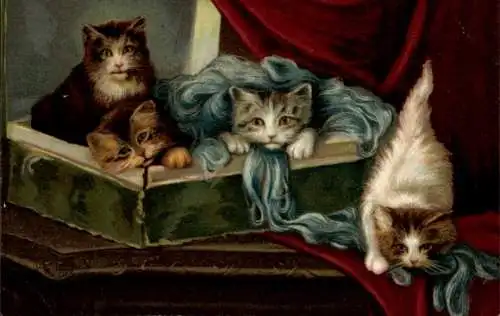 Litho Vier kleine Katzen, Kiste mit Wolle