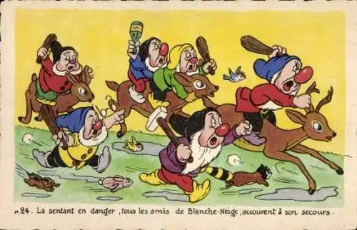 Ak Walt Disney, Schneewittchen, Blanche Neige, Die sieben Zwerge auf Rehen