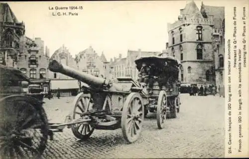 Ak Guerre 1914, Canon francais de 120 long avec son tracteur automobile